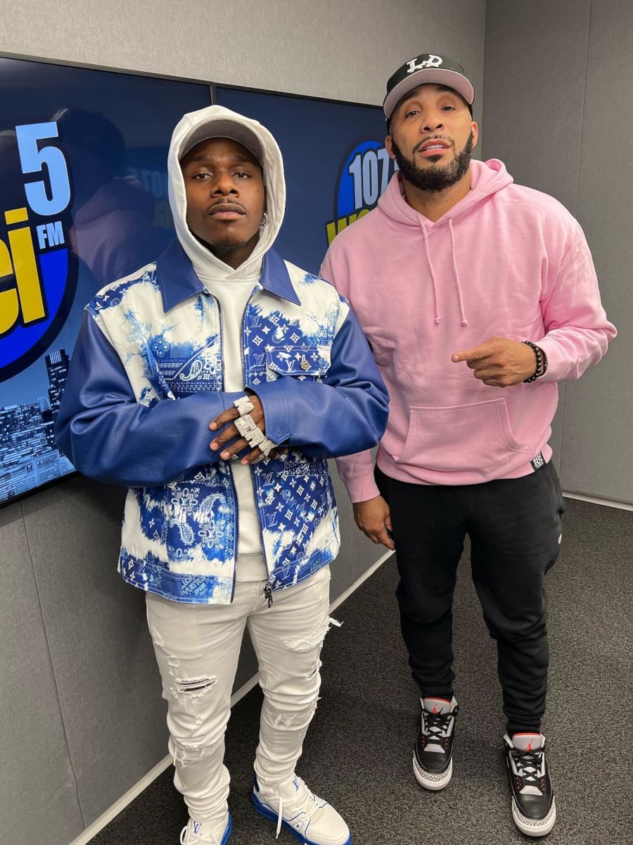 DaBaby Wearing a Louis Vuitton Jacket & Sneakers For WGCI Interview