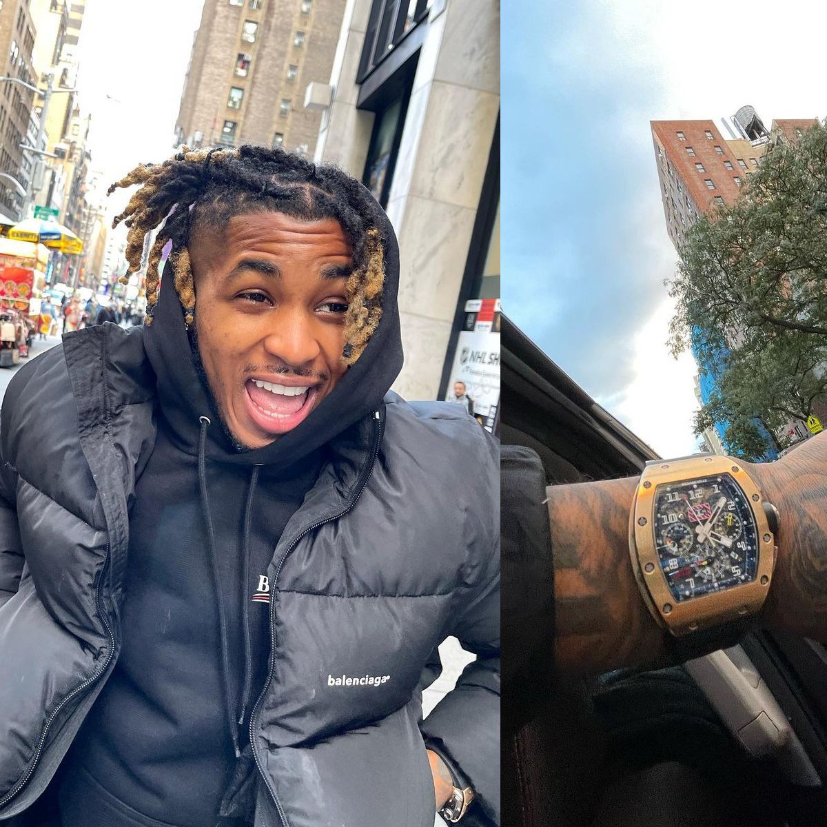 DDG Wearing a Balenciaga Puffer Jacket & Hoodie With a Richard Mille Watch