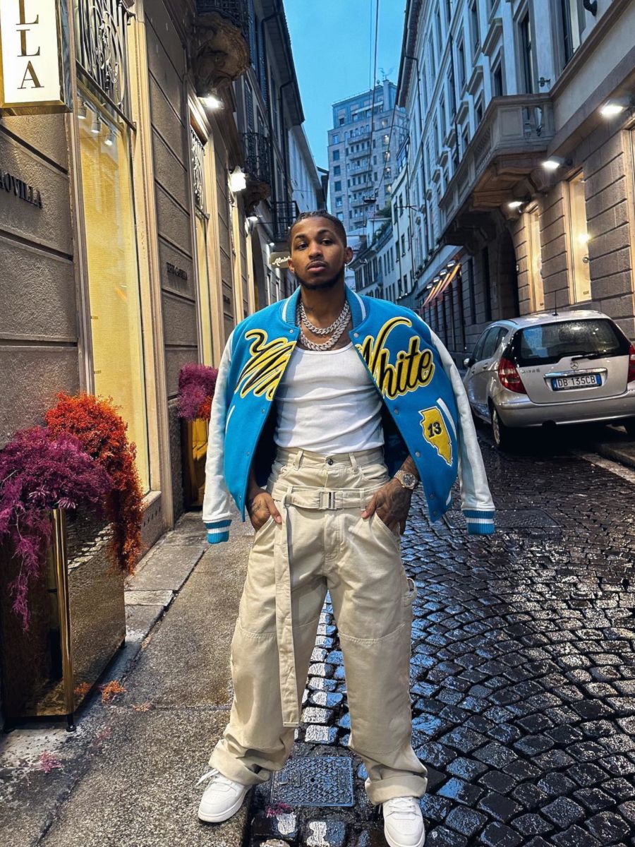 DDG His The Milan Streets In an Off-White Varsity Jacket Outfit