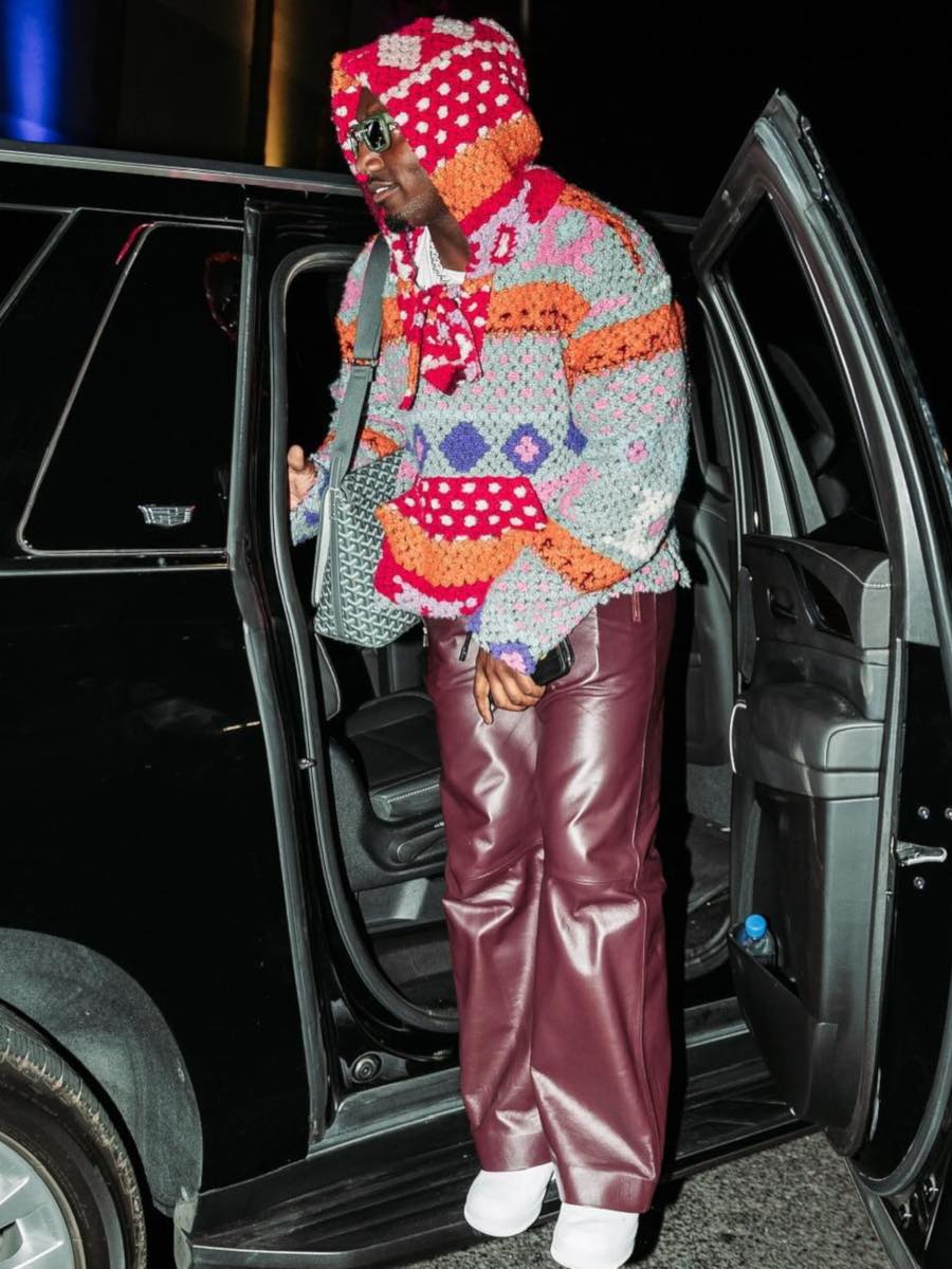 Deebo Samuel: Multicolor Blanket Knit Hoodie, Burgundy Pants & Supreme AF1s