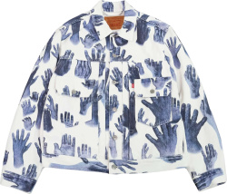 White & Allover Blue Hand Print Jacket