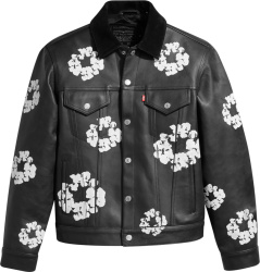 Denim Tears X Levis Black Leather Cotton Wreather Trucker Jacket