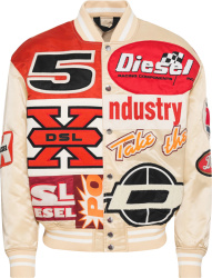 Diesel Racing Beige And Red Allover Logo Bomber Jacket