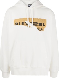 Diesel White And Gold Ripped Logo Hoodie