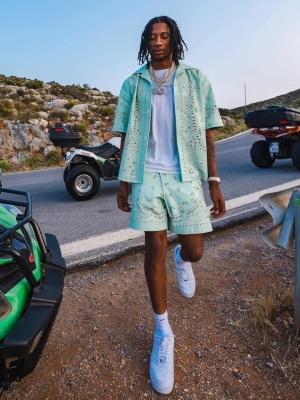 Digga D Wearing An Amiri Green Leather Bandana Shirt And Shorts With Nike Af1s