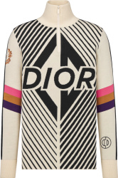 Dior Ivory Geometric Striped Cd Icon Logo Zip Sweater