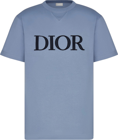 Dior Light Blue And Navy Logo Embroidered T Shirt