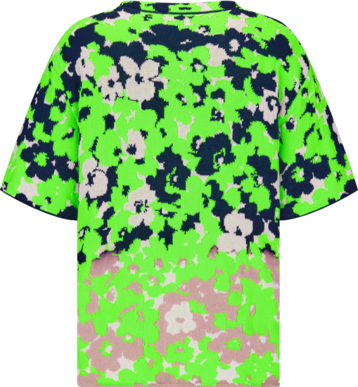 Dior Neon Green Navy And Beige Floral Short Sleeve Sweater T Shirt
