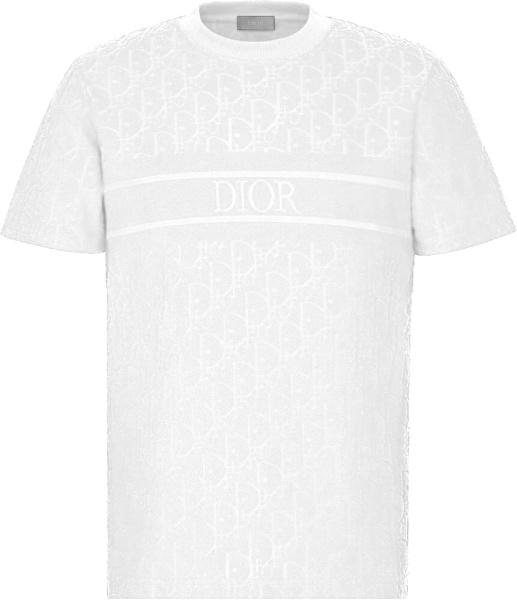 Dior White Terry Cotton Oblique Logo Stripe T Shirt