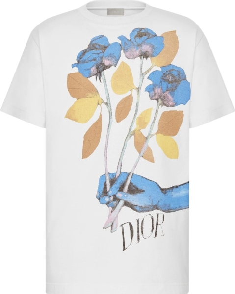 Dior X Alex Foxton Rose Print White T Shirt