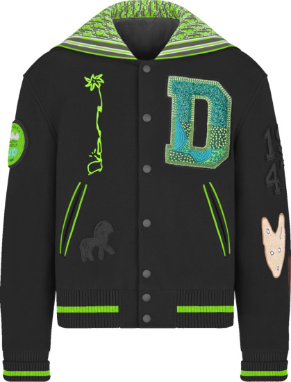 Dior X Cactus Jack Black And Neon Green Varsity Jacket