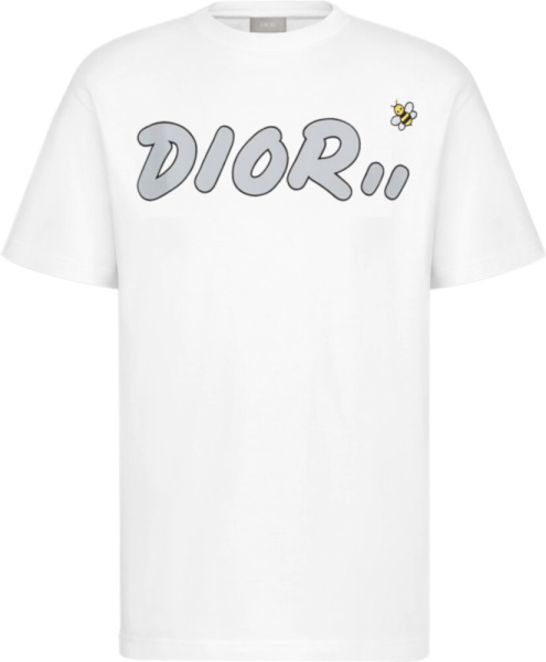 Dior X Kaws Grey Logo Print Whtie T Shirt