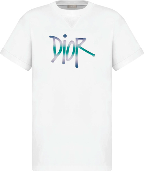 Dior X Shawn Stussy Graffiti Logo Embroidered White T Shirt 033j625h0554 C086