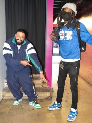 Dj Khaled Wearing A Balenciaga Tracksuit With Jordan 1 High Top White And Green Sneakers
