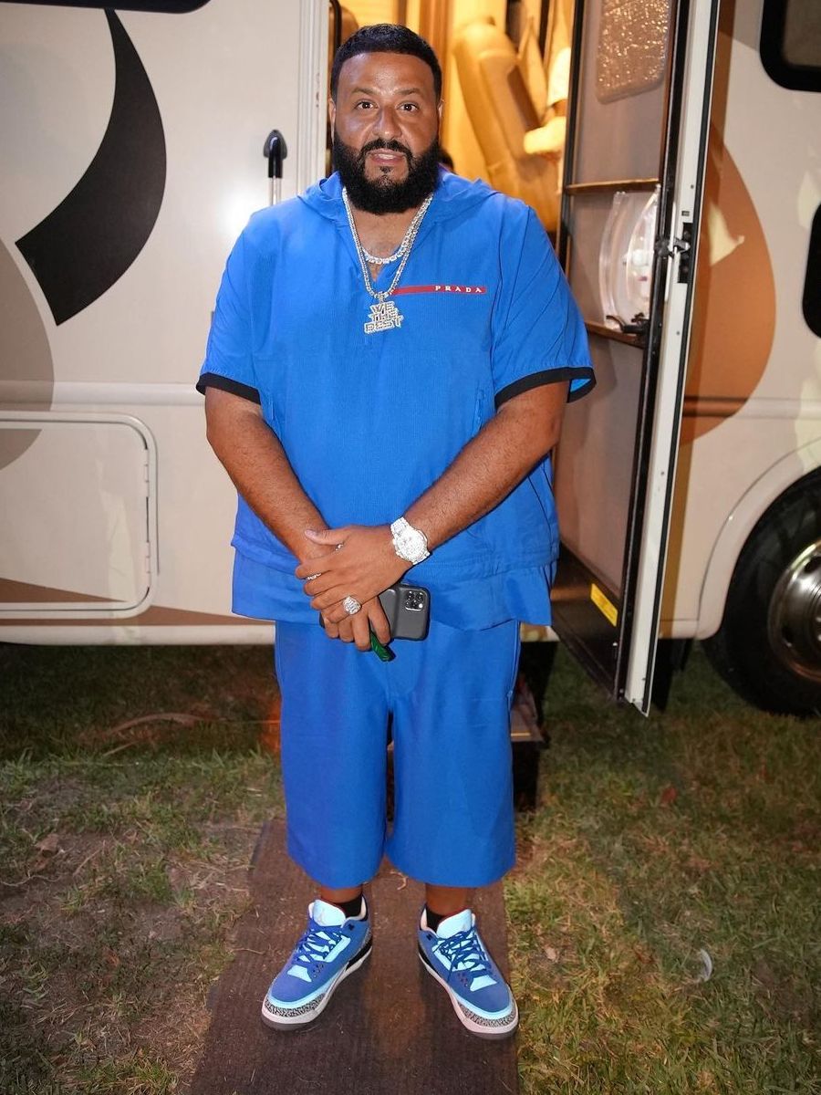 DJ Khaled Wearing a Blue Prada, Polo Ralph Lauren, & Jordan Outfit