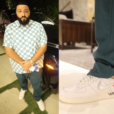 Dj Khaled Wearing A Louis Vuitton Damier Shirt With Teal Pants And Nike X Off White Low Top Air Force 1 Sneakers