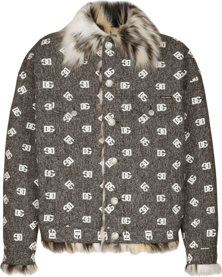 Dolce And Gabbana Grey Allover Logo Fur Lined Coat