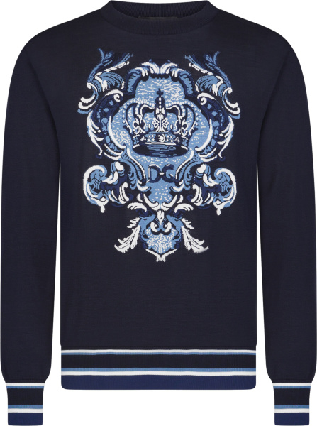 Dolce And Gabbana Navy And Light Blue Crest Logo Sweater