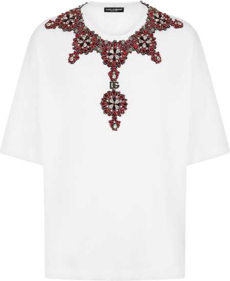 Dolce And Gabbana White And Red Crystal Necklace T Shirt