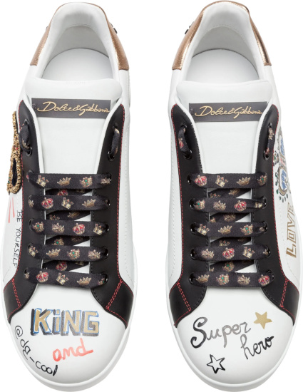 Dolce & Gabbana White Graffiti & Crown Patch 'Portofino' Sneakers