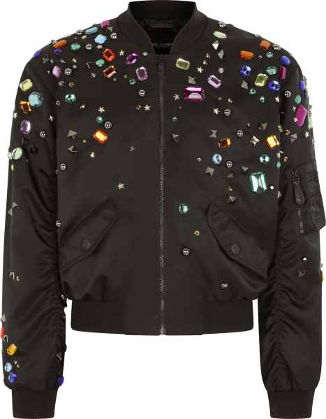 Dolce Gabbana Black And Rainbow Crystal Bomber Jacket