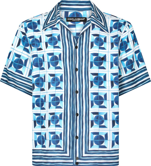 Dolce Gabbana Blue Majolica Geometric Print Shirt