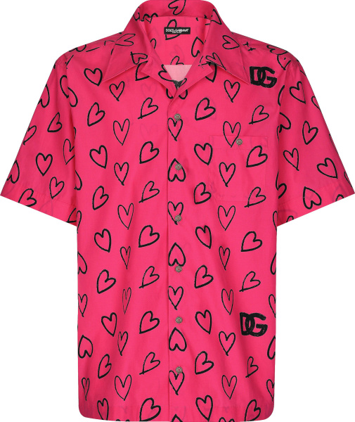 Dolce Gabbana Bright Pink Allover Black Heart Print Shirt