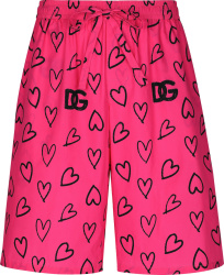 Dolce Gabbana Bright Pink Allover Black Heart Print Shorts
