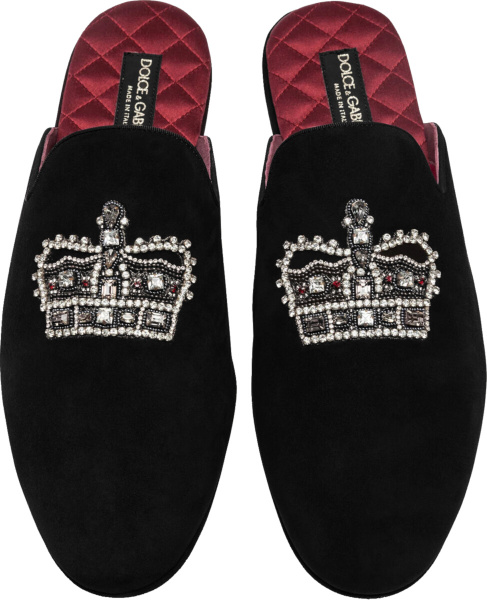 Dolce Gabbana Crown Embellished Black Slippers