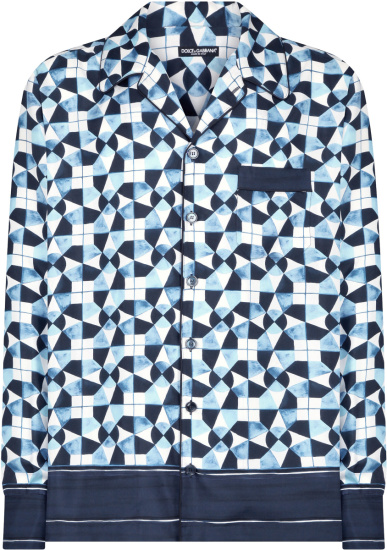 Dolce Gabbana Light Blue And Navy Majolica Geometric Pajama Shirt
