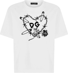 Dolce Gabbana White Barbed Wire Heart Logo T Shirt