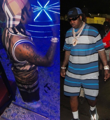 Est Gee Wearing A Burberry Brown Check Hat Mesh Tanktop And Short And A Blue Logo Hat Mesh T Shirt And Shorts Outfits