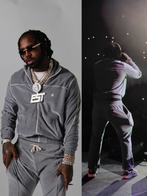 Est Gee Wearing A Celine Grey Velvet Track Suit With Dior B30 Sneakers