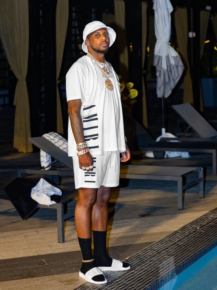 Fabolous Wearing an All White Amiri Tee & Swim Shorts With Pool Slides