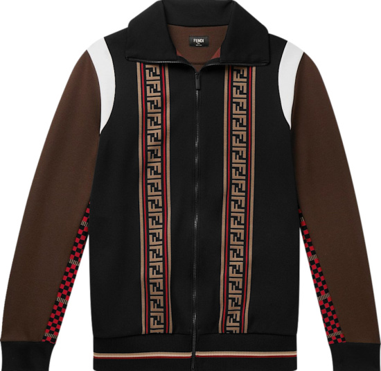 Fendi Black Brown Checkered Ff Stripe Colorblock Track Jacket