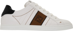 Fendi White Leather Low Top And Brown Ff Panel Sneakers
