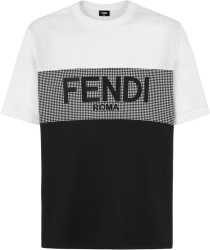Fendi White Mesh Houndstooth And Black Colorblock Logo T Shirt