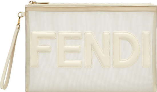 Fendi White Sheer Mesh And Leather Logo Zip Pouch
