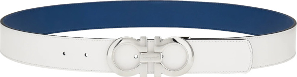Ferragamo White And Silver Double Gancini Reversible Belt