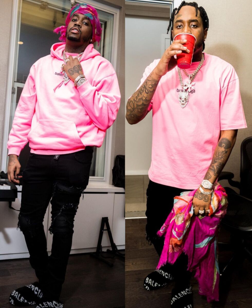 Fivio Foreign Hits The Studio In a Balenciaga Pink Hoodie + Tee & Black Fur Slippers