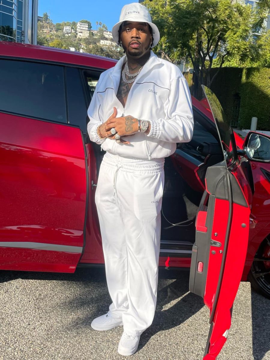 Fivio Foreign Wearing an All White Celine Bucket Hat & Tracksuit Outfit |  Incorporated Style