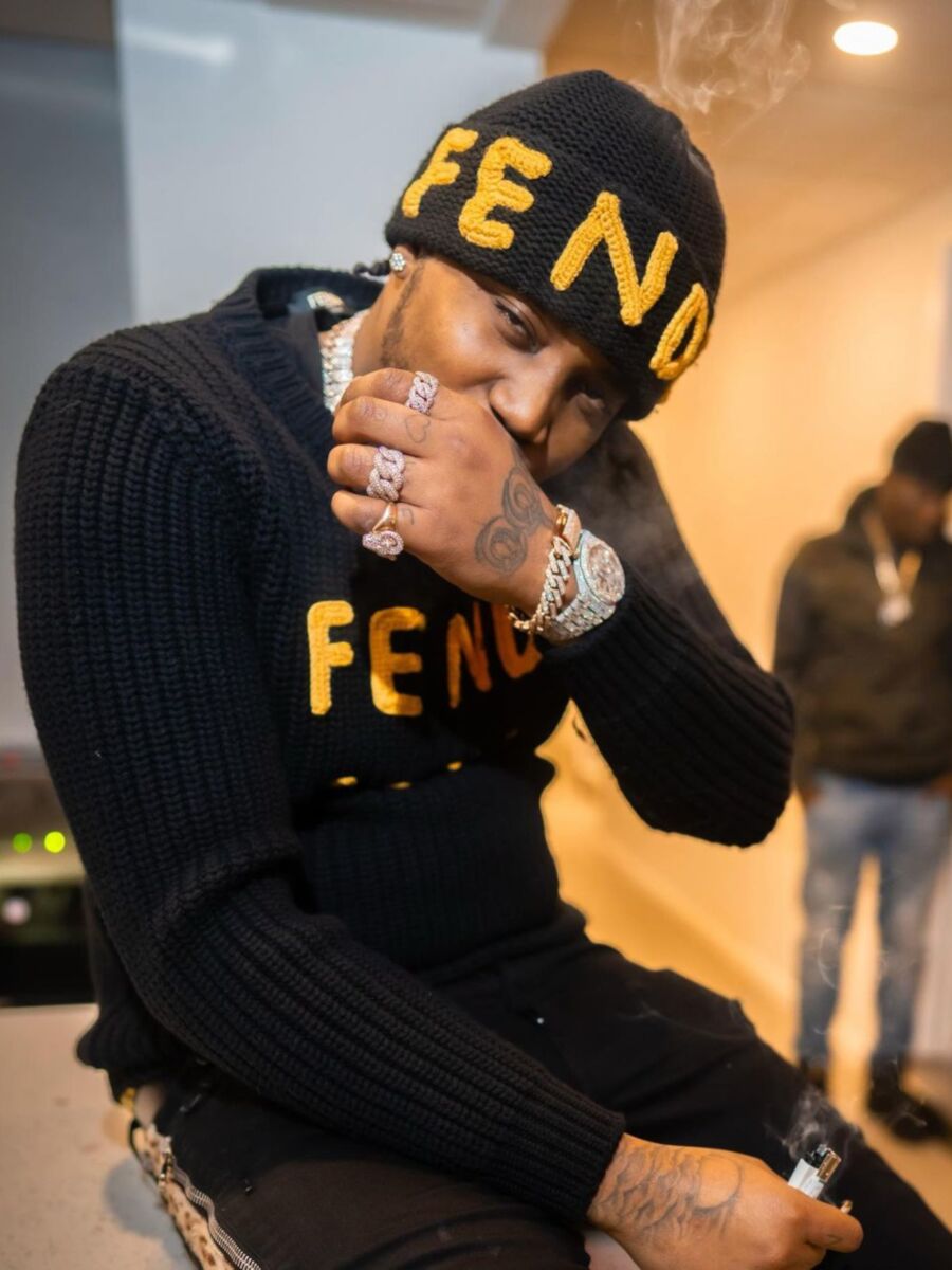 Fivio Foreign In The Studio Wearing a Black & Yellow 'Fendi Roma' Fit