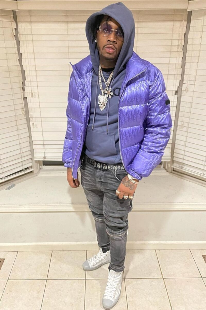 Fivio Foreign Wearing a Dior Purple Jacket and Hoodie With Reflective B23s In IG 'Fit Pic