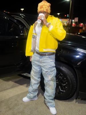 Fivio Foreign Wearing An Avirex Yellow Leather Jacket With A Fendi Belt And Who Decides War Jeans