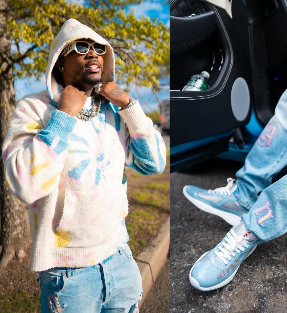 Fivio Foreign Wearing a Tie-Dye Hoodie & Logo Jeans With Prada Sneakers