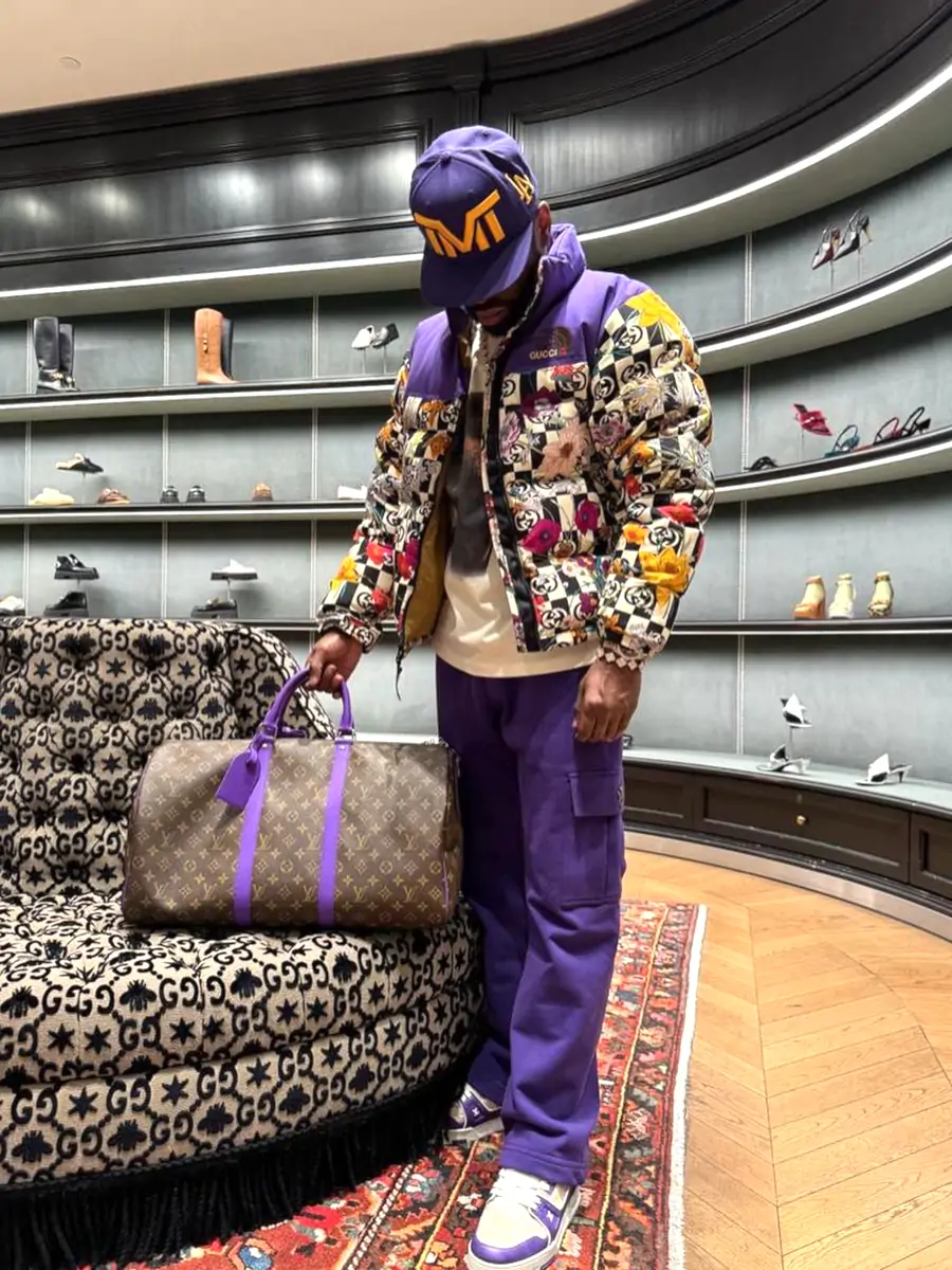 Floyd Mayweather Tmt Hat Gucci X Tnf Puffer Lv Purple Sneakers Lv Purple Trim Bag