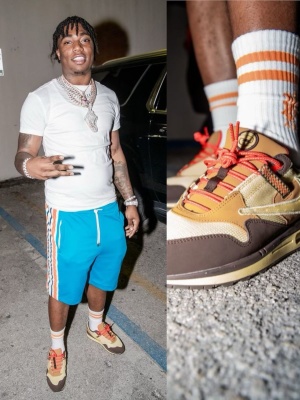 Fredo Bang Wearing Gucci Light Blue And Orange Short With Nike Air Max X Travis Scott Sneakers And Amiri Socks