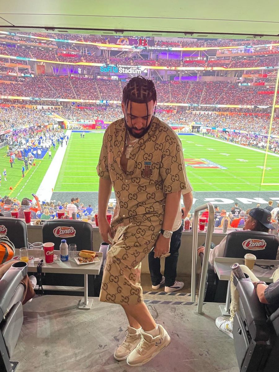 French Montana at Super Bowl 56 In a Full Gucci Monogram Outfit