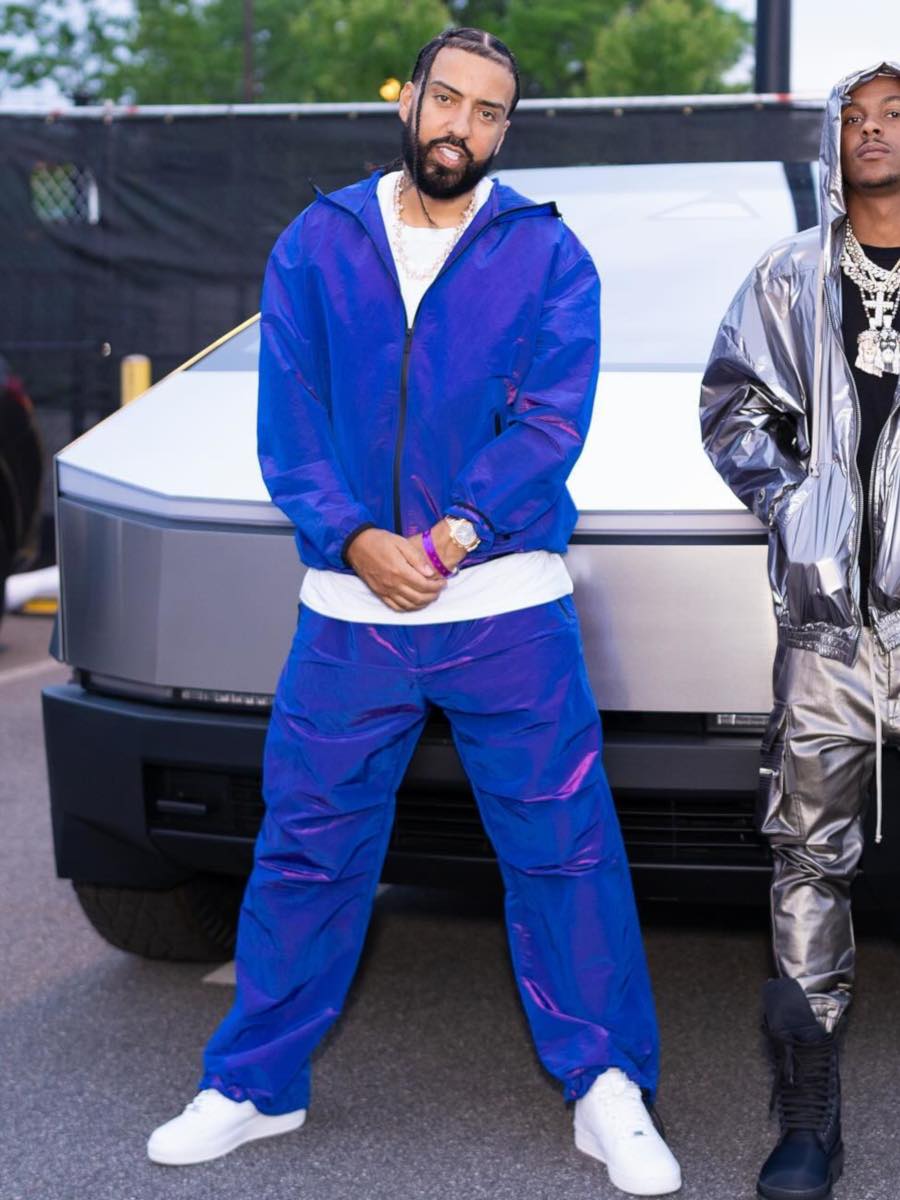 French Montana: Royal Blue Iridescent Windbreaker + Trackpants & Nike Sneakers