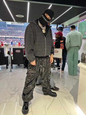 French Montana Givenchy Balaclava Reversible Jacket Shiny Black Front Zip Pants
